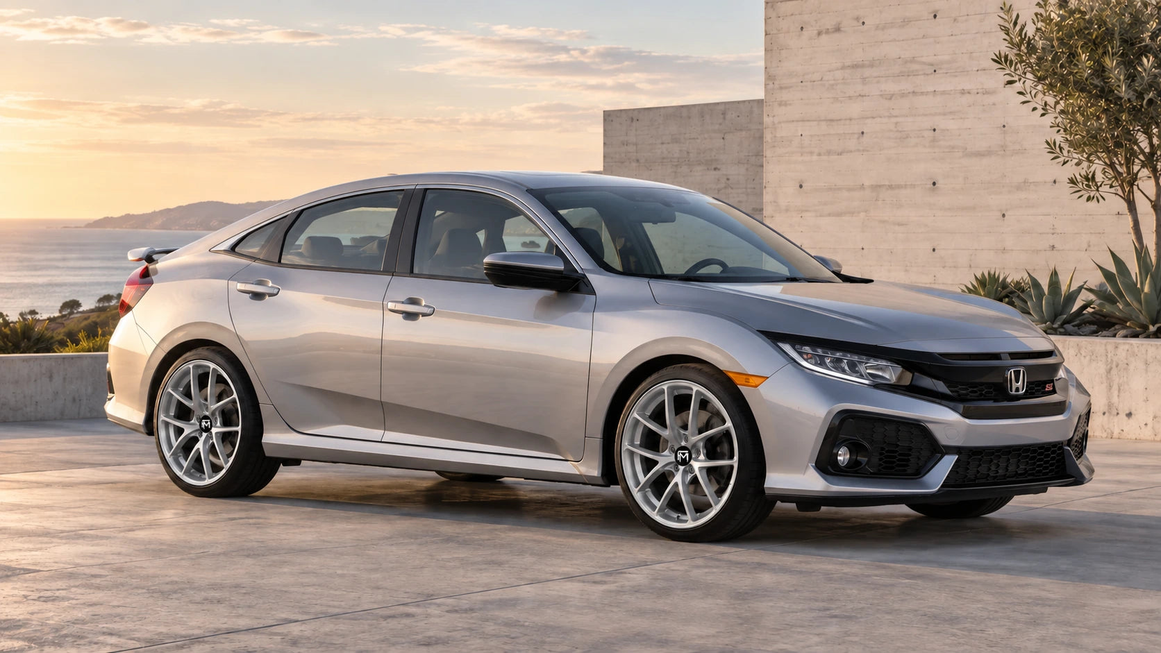 Silver Civic Street styling concept with FM logos on both wheel center caps beside coastal architecture
